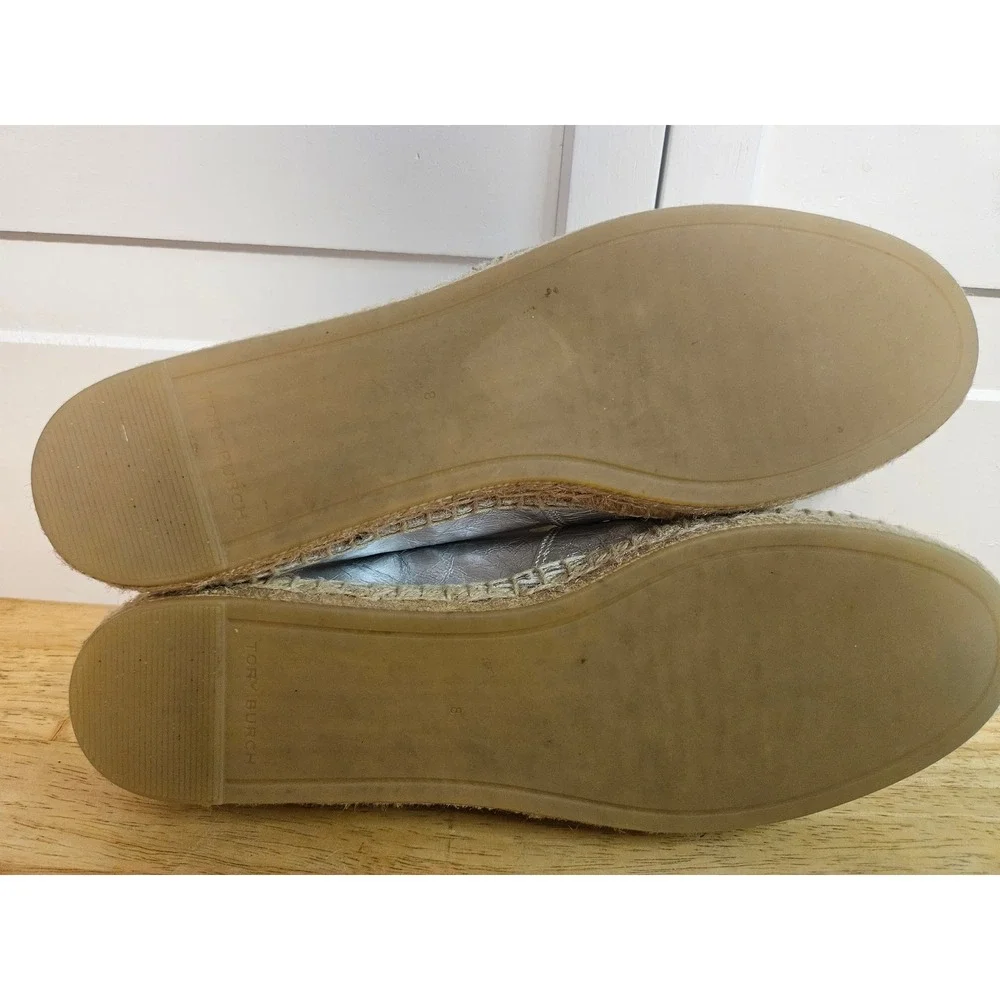 Tory Burch Eleanor Silver Metallic Leather Espadrille Flats Double T Logo 8.5M